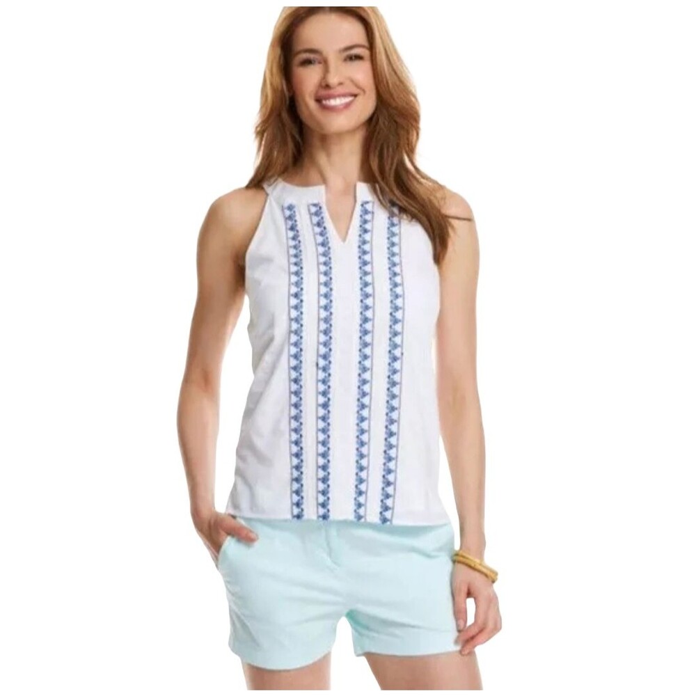 Vineyard Vines Embroidered Sleeveless Top Womens White Blue Split Neck Size 4